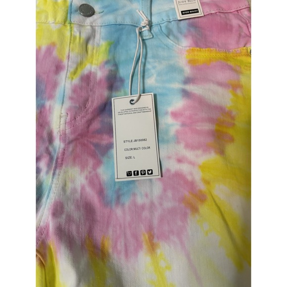 Judy Blue Womens L Tie Dye Denim Shorts Stretch NWT Blue Green Yellow Pink - Picture 5 of 7